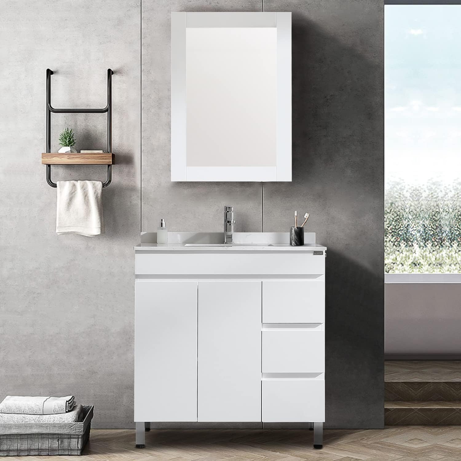 wonline 32" Bathroom Vanity Cabinet and Man-Made Stone Countertop Combo Undermount Ceramic Vessel Sink Chorme Faucet Drain with Mirror Vanities Set White