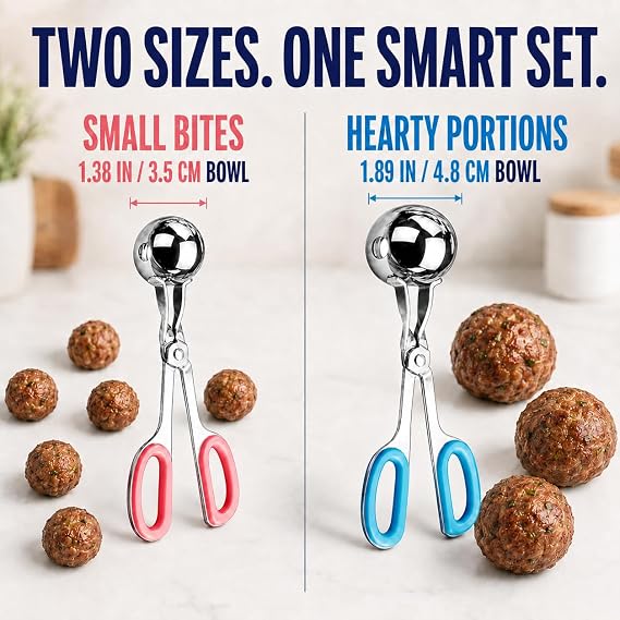 Meat Baller, 2 PCS None-Stick Meatball Maker with Detachable Anti-Slip Handles, Stainless Steel Meat Baller Tongs, Cake Pop, Ice Tongs, Cookie Dough Scoop for Kitchen (1.38&1.78)