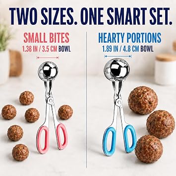 Meat Baller, 2 PCS None-Stick Meatball Maker with Detachable Anti-Slip Handles, Stainless Steel Meat Baller Tongs, Cake Pop, Ice Tongs, Cookie Dough Scoop for Kitchen (1.38&1.78)