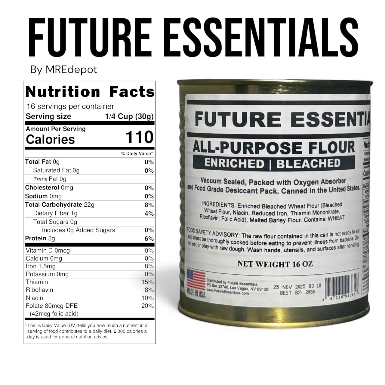 Future Essentials All Purpose Flour – Shelf-Stable, Long-Term Storage Baking Flour for Emergency Preparedness & Everyday Cooking – Made in the USA, 6 Cans (16 oz Each), #2.5 Size Can