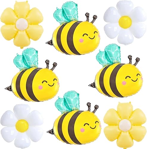 Globos de abeja y globos de flores de margarita – 8 globos de aluminio de abejorros amarillos y negros para baby shower, decoraciones de fiesta de