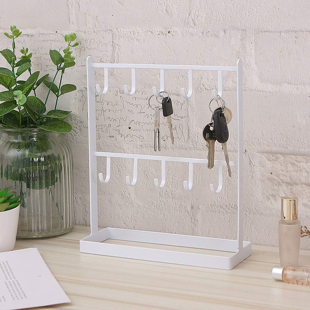 Stuurvnee Présentoir à Bijoux Blanc - Porte-Bijoux Métallique 2 étages Avec Porte-Clés - Idéal Pour Boucles D'Oreilles, Colliers, Bracelets - 20,5 X 7,5 X 24 Cm - Cadeau Fille - 6