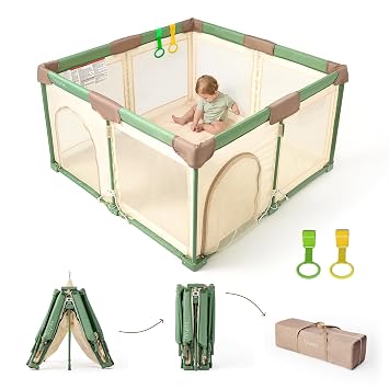 Tinyiota Foldable Baby Playpen, 50x50 Inch Portable Play Yard for Babies and Toddlers with Soft Breathable Mesh, Storage Bag & 2 Pull-Toy Handles for Indoor & Outdoor Green, 50x50