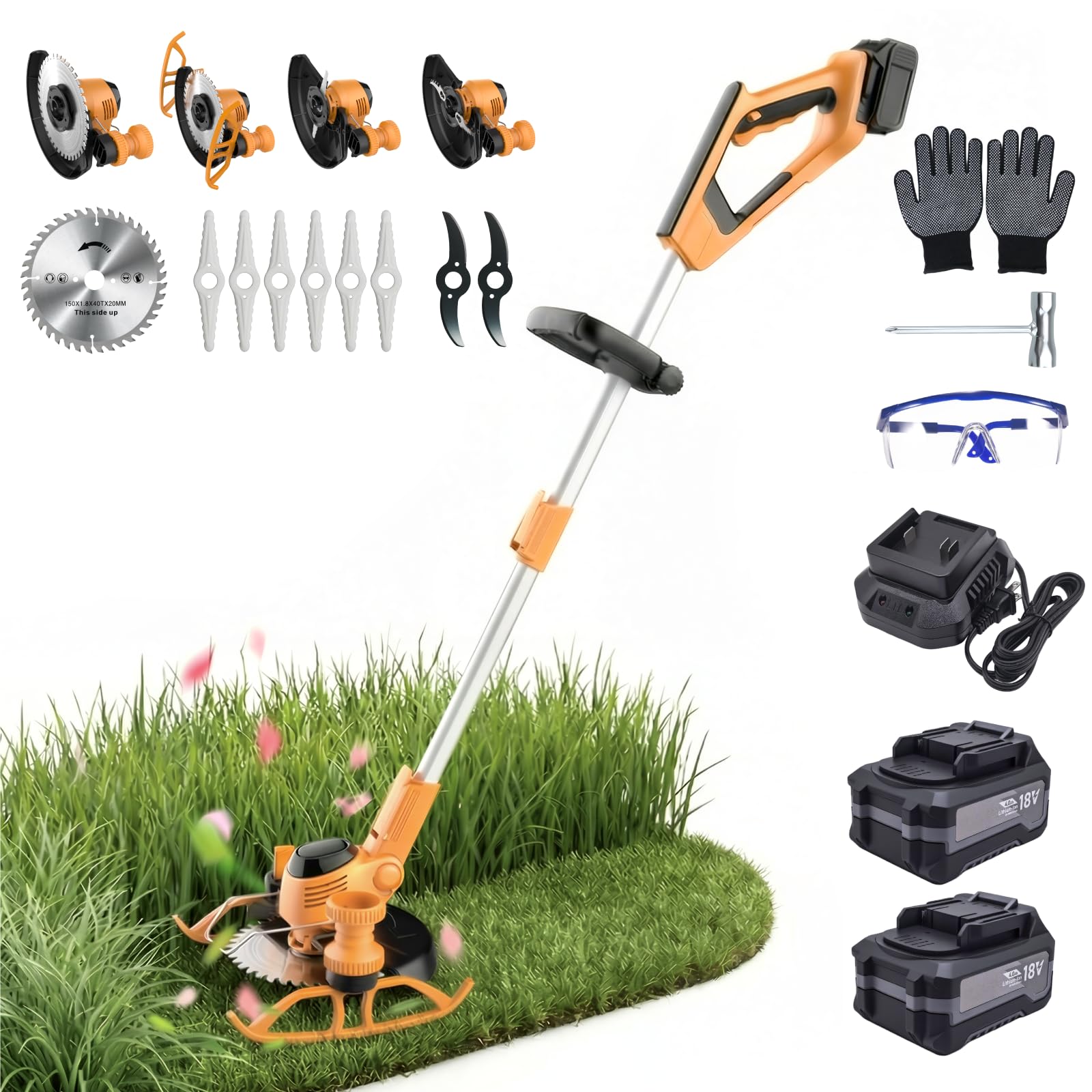 Cortadora de césped inalámbrica con ruedas, batería de 4000 mAh y cargador, 30 cm de ancho de corte, 3 tipos de 9 cuchillas, desbrozadora telescópica ligera, bordeadora de césped y cortador de cepillo