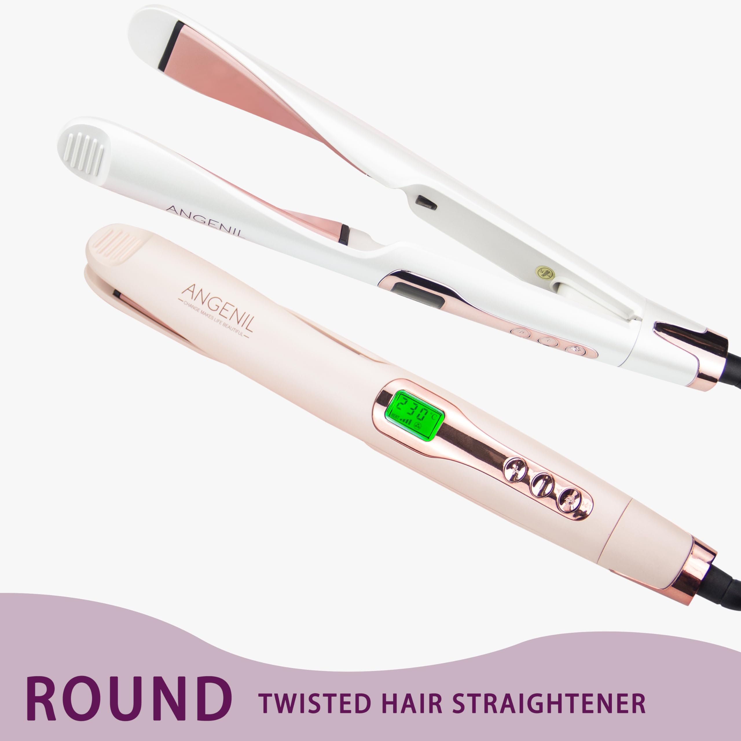 ANGENIL Pro Lisseur Twist pour femme, fer à lisser et boucler en céramique 2 en 1, double tension avec tapis en silicone résistant à la chaleur, écran LCD, température réglable de 130 à 230 °C
