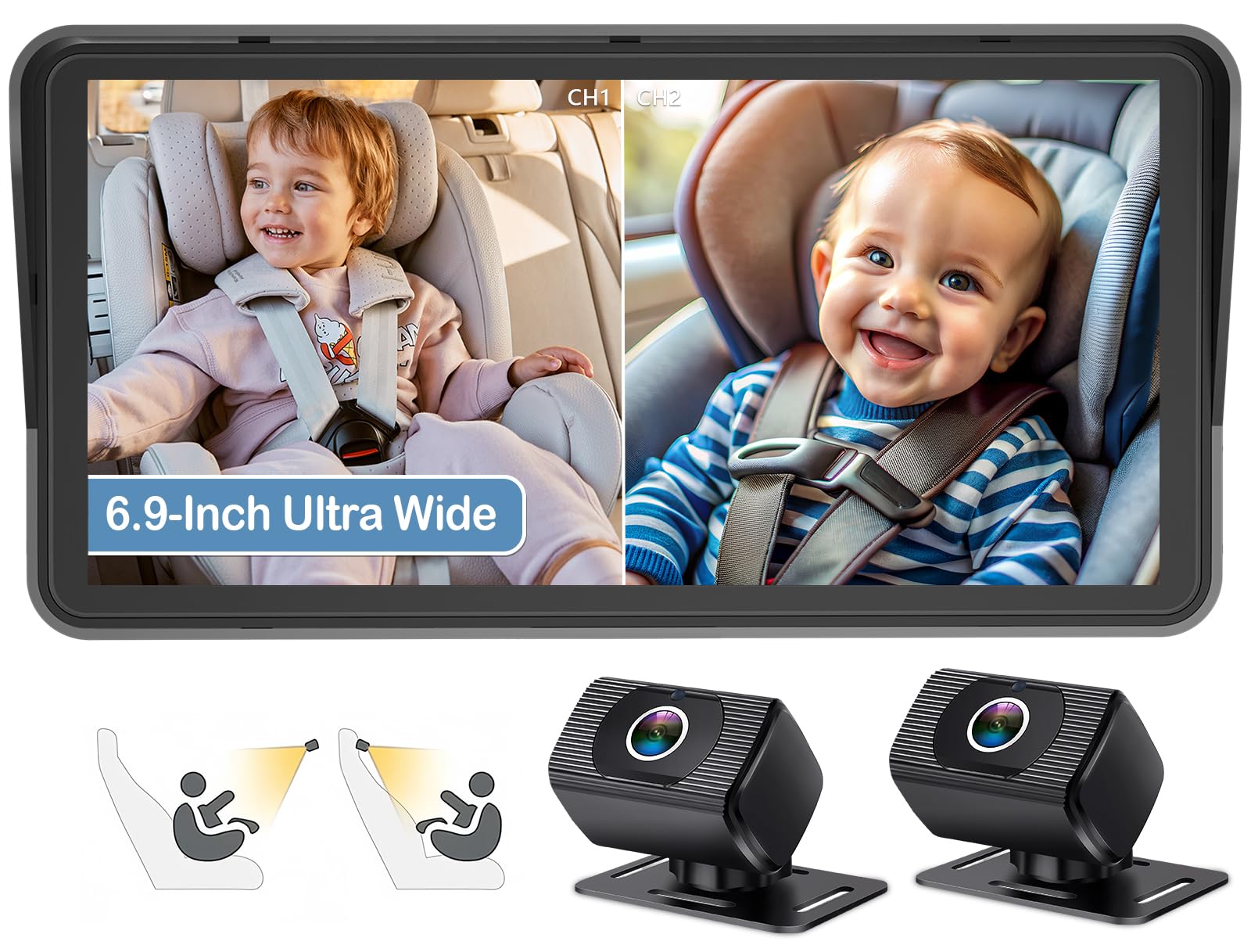 2-Kids Baby Car Camera for Seat: 6.9 Inch Ultrawide Display with Two Cameras Rear Facing