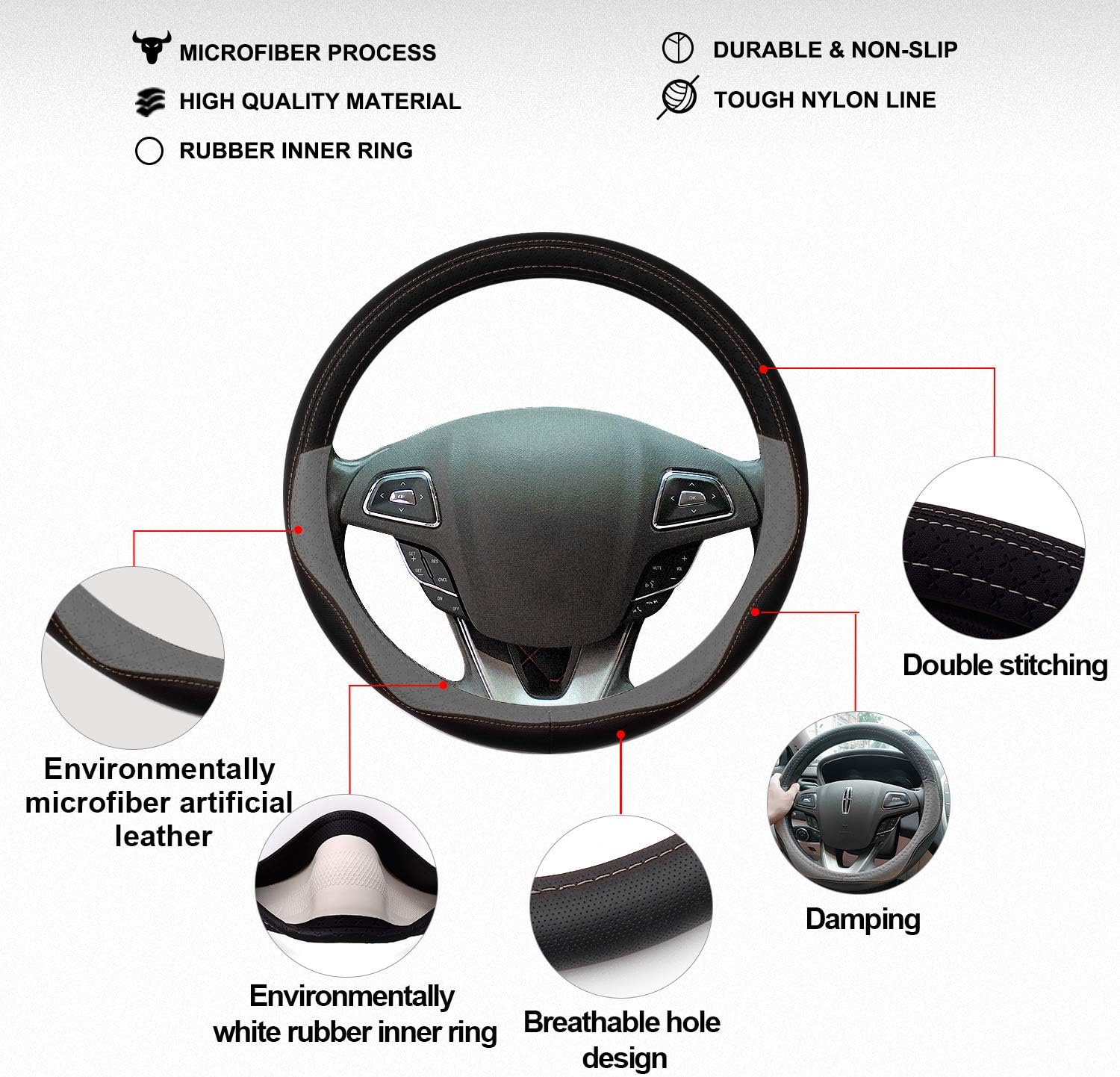 WinPower Car Steering Wheel Cover Microfiber Leather Universal 15 inch for Car Truck SUV,Gray