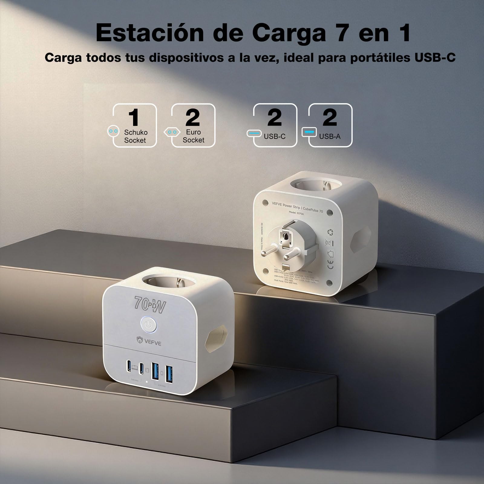 VEFVE Ladrón Enchufes Pared 70W GAN, Cubo Enchufe Múltiple 7 en 1 Sin Cable con Interruptor, Cargador Rápido USB C para iPhone 17, MacBook, Galaxy, Blanco