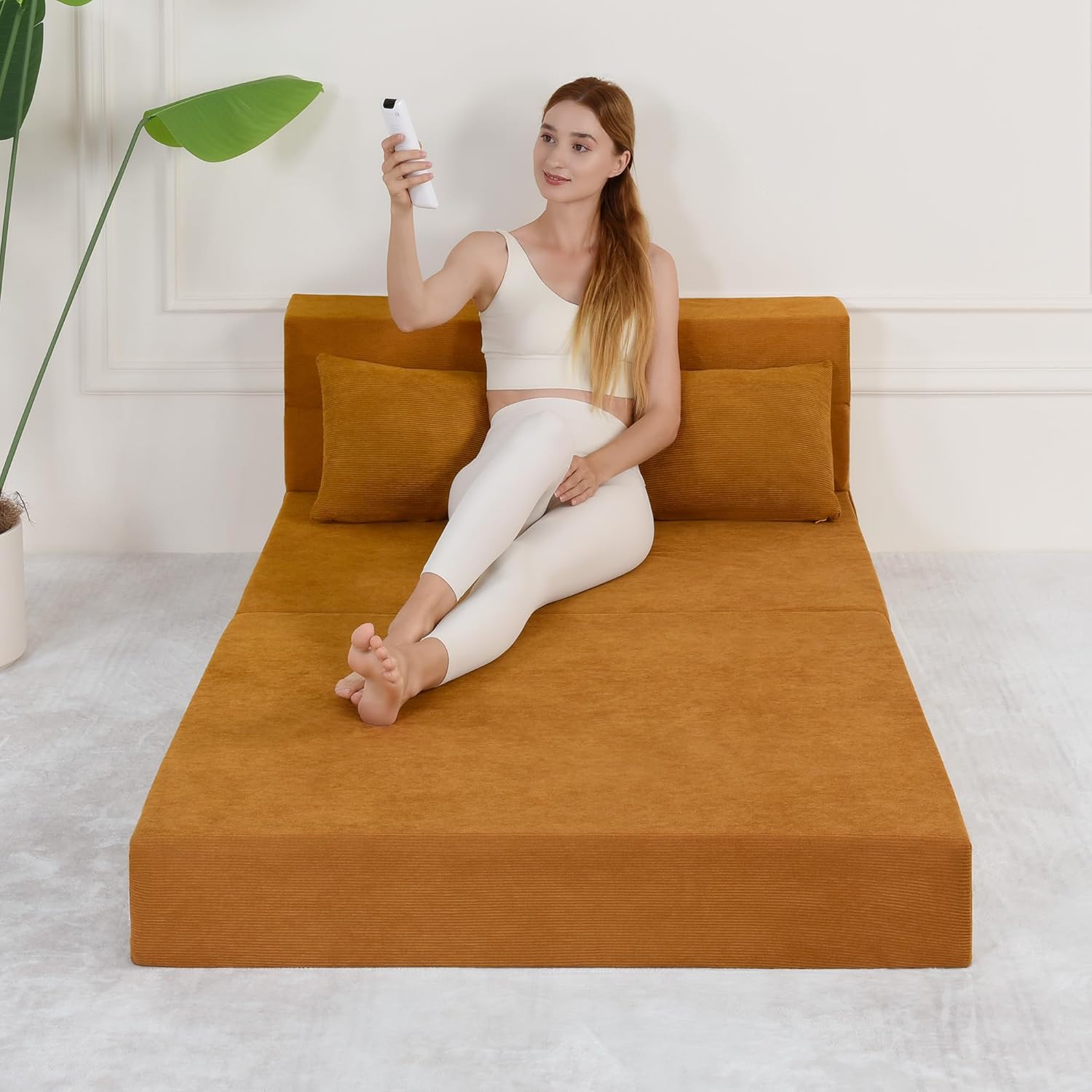 Fvkind Folding Sofa Bed, 4 in 1 Convertible Sleeper Sofa Bed Chair with Pillow, Twin Memory Foam Loveseat Futon Sleeper Chair, Foldable Futon Couch for Living Room, Bedroom, Guest Room, Yellow