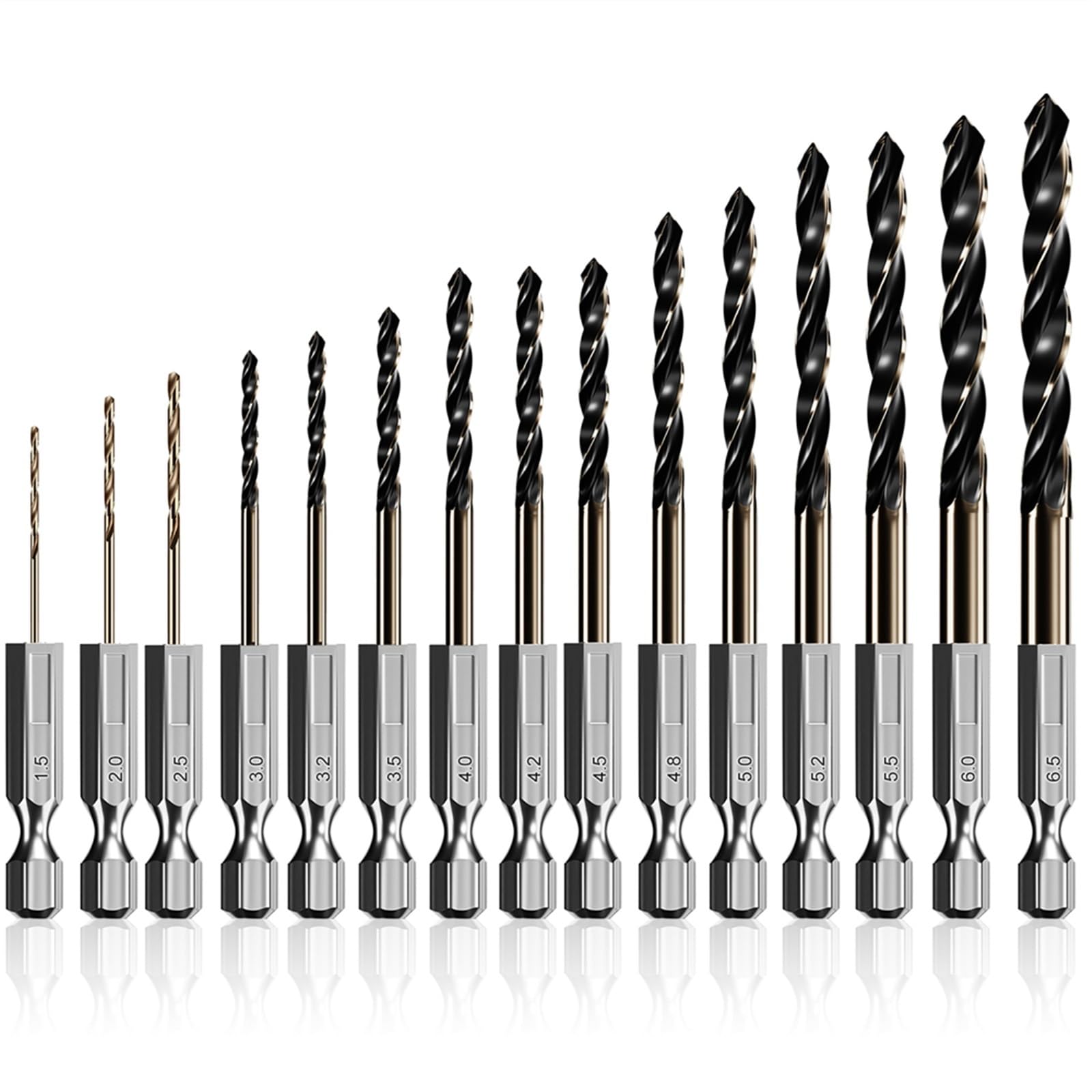 Ensemble de 15 forets hélicoïdaux 1,5 à 6, mm, Grande Vitesse, en Cobalt, for Le perçage Trous et Carottes, Outils Travail du Bois Double vis, hexagonaux