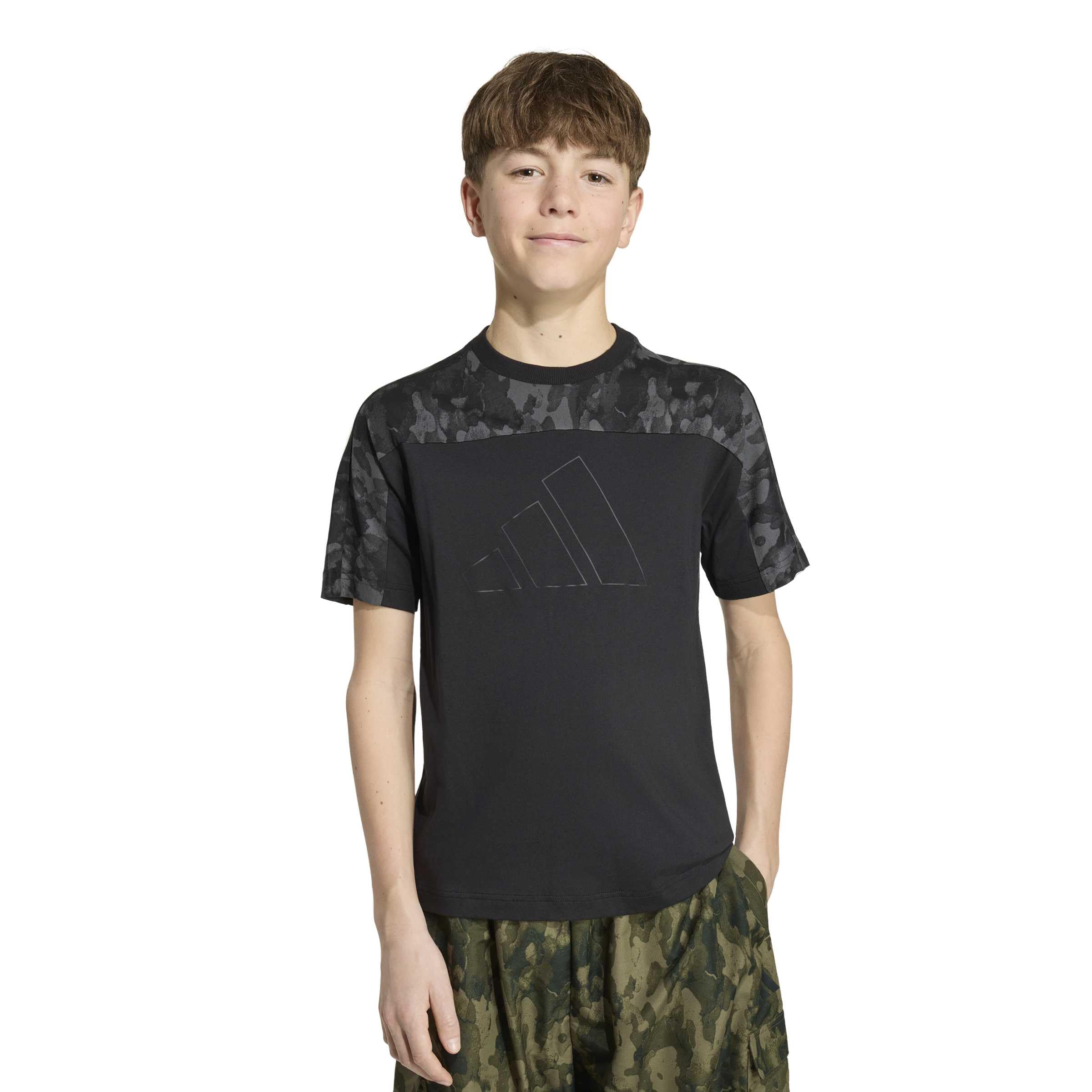 adidas Unisex niños Seasonal Essentials Camo Cotton Juniors Shirt, Black/Carbon, 15-16 Years