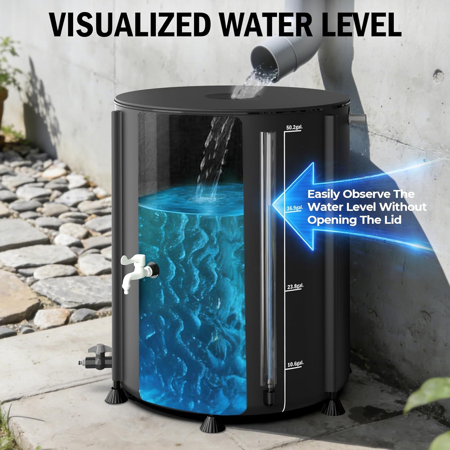YAFF Collapsible Rain Barrel 53 Gallon Rainwater Collect System Water Storage Tank to Collect Rainwater from Gutter Downspout Water Catcher with Filter Spigot Overflow Kit for Garden, Lawn, Black