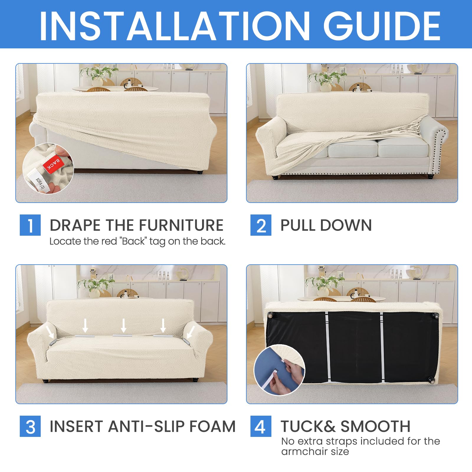 Ystyle Stretch Sofa Überzug 3 Sitzer, Beige | Elastisch Couch Überzug mit Armlehnen, Moderne Sofaschoner Rutschfest, Sofaschutz für Hunde Katze, für Wohnzimmer