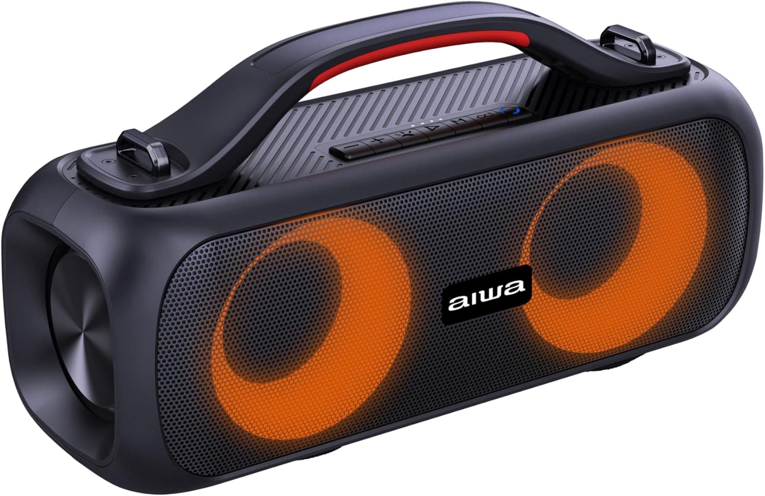 കോണാകൃതിയിലുള്ളത് view of the Aiwa AWS200BT speaker showing top controls and handle