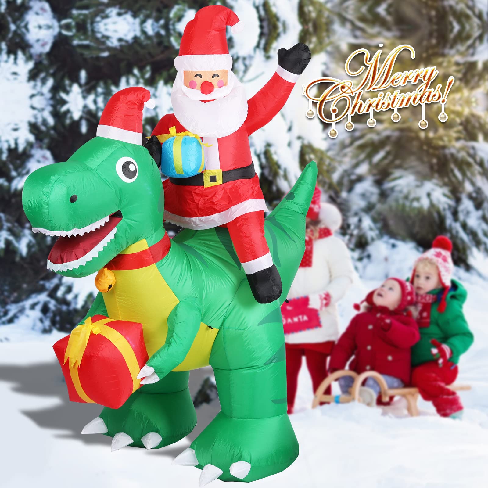 Dinosaurio inflable de Navidad de 6.5 pies de altura, decoraciones inflables de Papá Noel montando en dinosaurio, decoraciones de patio con luces LED integradas para Navidad, fiestas, césped,