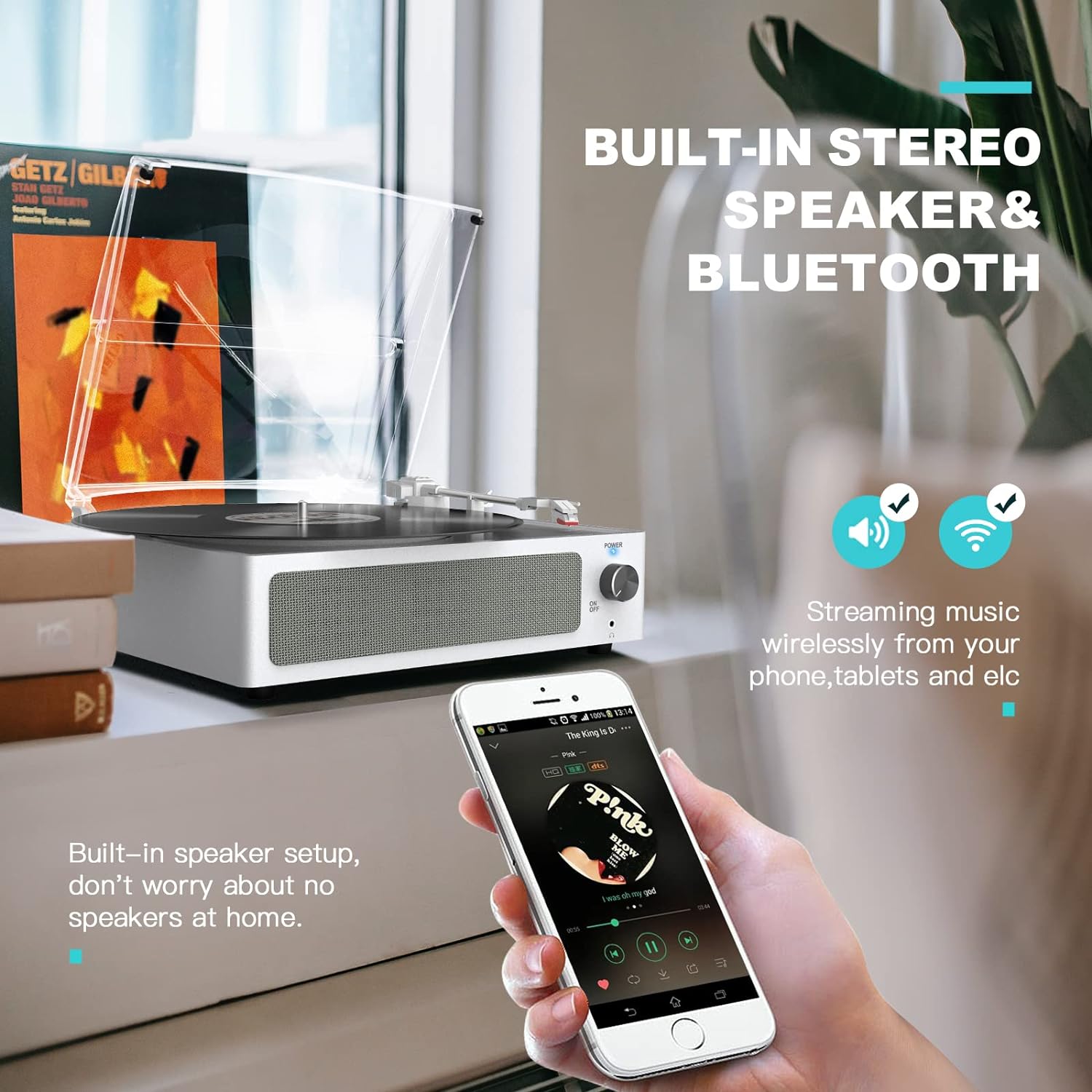 Vinyl Record Player with Speakers Vintage Turntable for Vinyls Records, Belt-Driven Turntable Support 3-Speed, Wireless Playback, Headphone, AUX-in, RCA Line LP Vinyl Players for Sound Enjoyment White