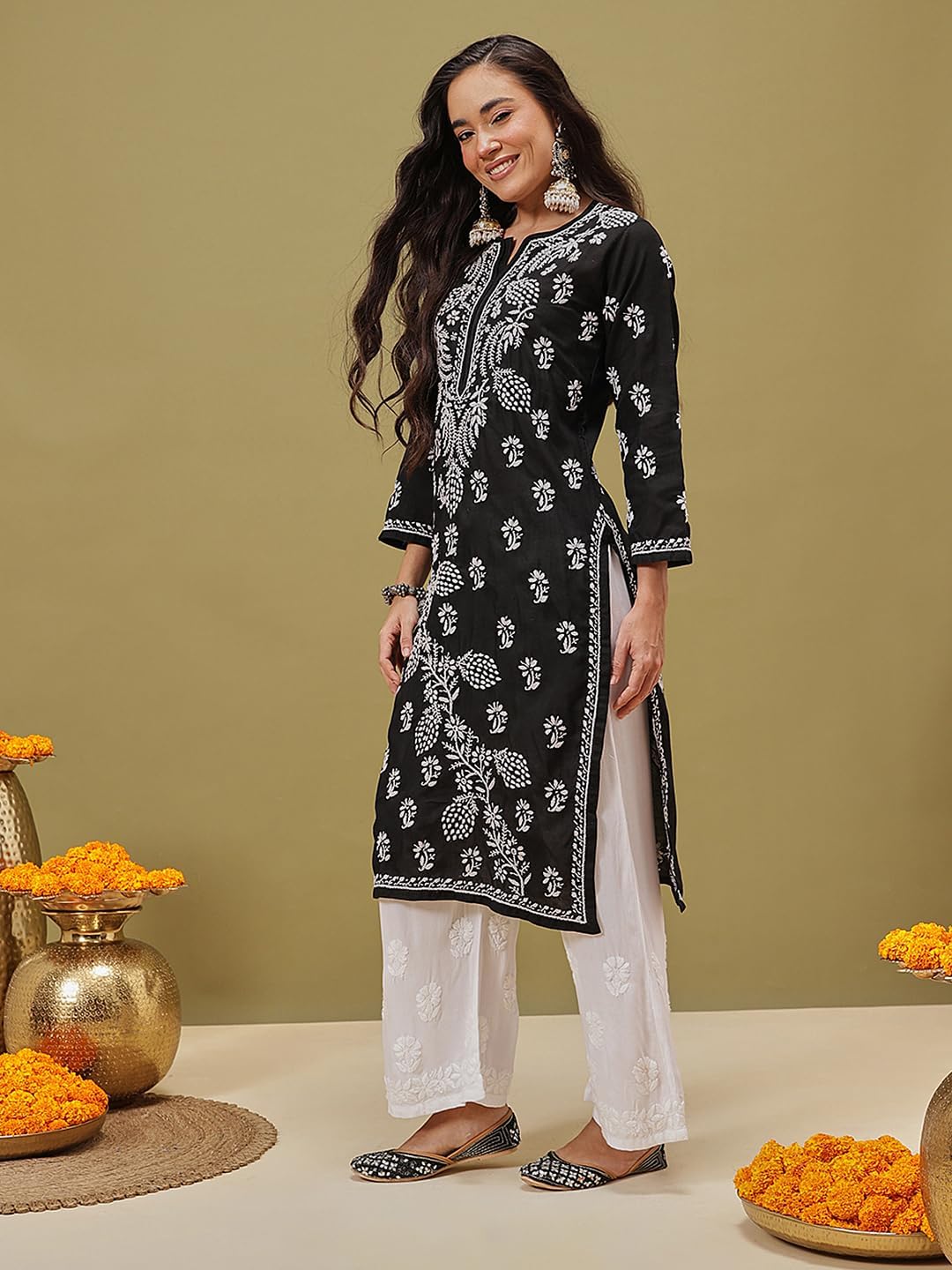 Ada Indian Hand Embroidered Chikankari Cotton Kurta Kurti Tunic for Women A411403 - Image 3