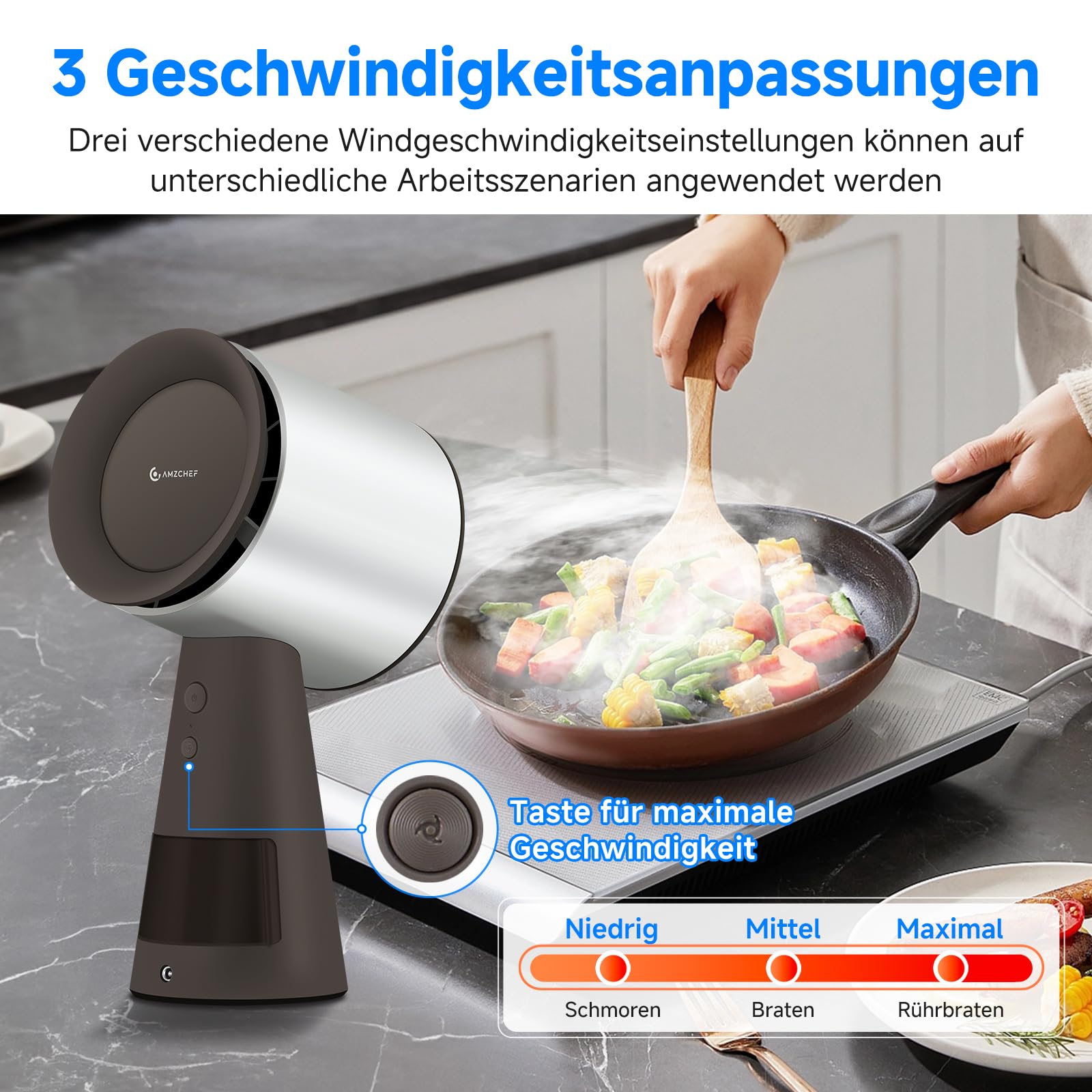 AMZCHEF Mobile Dunstabzugshaube, Tragbare Abzugshaube Keine Installation mit 3 Geschwindigkeitsmodi und Mehrere Filtersysteme, LED-Licht, Große Öl-Auffangschale, Geräuscharmut(Braun) - 4