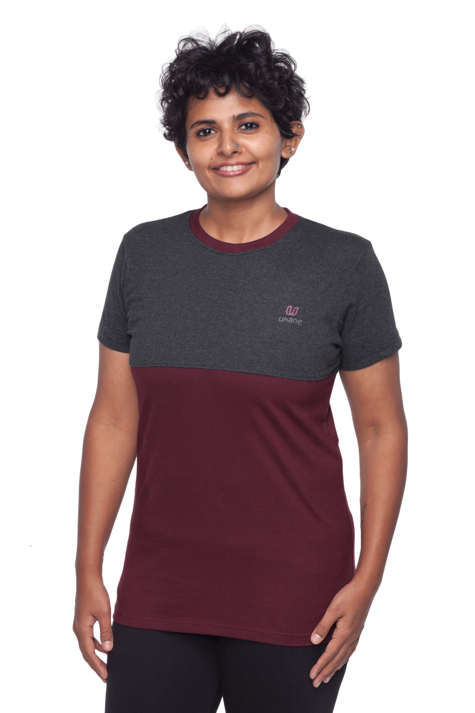 UhaneWomen’s Yoga and Gym Cotton Work-Out Round Neck Straight Cut Dual-Colour T-Shirt (Maroon/Steel Grey) Short Sleeves Top for Sports and Fitness (Medium)