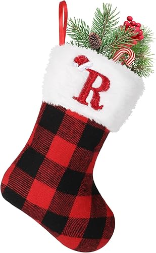 8inches Initial Monogram Christmas Stocking Red Buffalo Plaid Christmas Stocking with Embroidered Letter Personalized Mini Christmas Stocking White