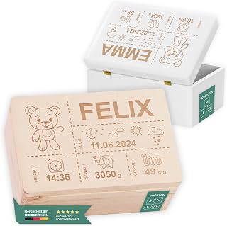 LAUBLUST Erinnerungsbox Baby Personalisiert - Geschenk zur Geburt mit Name | Teddybär, Größen S, M, L, XL - Kinder Erinnerungskiste aus Holz für Mädchen & Jungen | Holzkiste Natur oder Weiß - FSC®