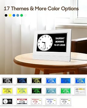 Clock with Day and Date for Elderly, 7 Display Digital Calendar Day Clock with 21 Custom Alarms and Medicine Reminders, 17 Display Modes, Dimmable Dementia Alzheimers Clocks for Seniors