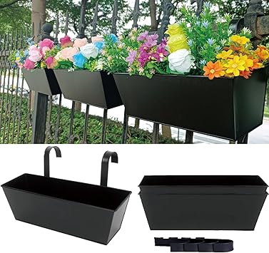 3 Pcs Large Hanging Flower Pots for Railing Or Fence 16 Inch Railing Planter Box for Any Balcony, Porch or Deck Countryside Style Window Planter Boxes Are Perfect to Herbs & Flowers for Garden (Bl...