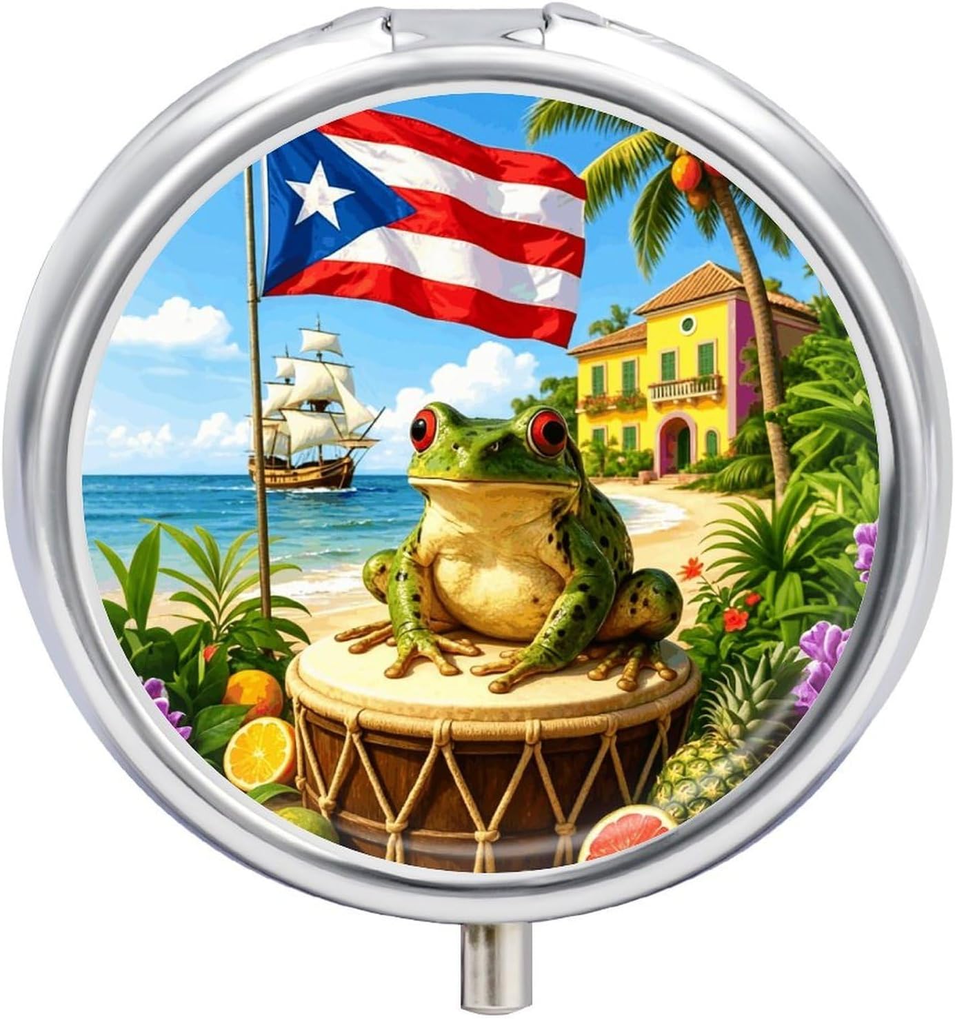 Puerto Rican Flag Round Pill Box with 3 Compartments & Mirror