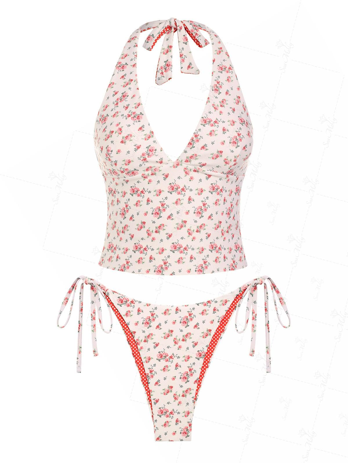 seamoly Vintage Eyelet Jacquard Textured Bowknot Decor Halter Tie Side Tankini Set