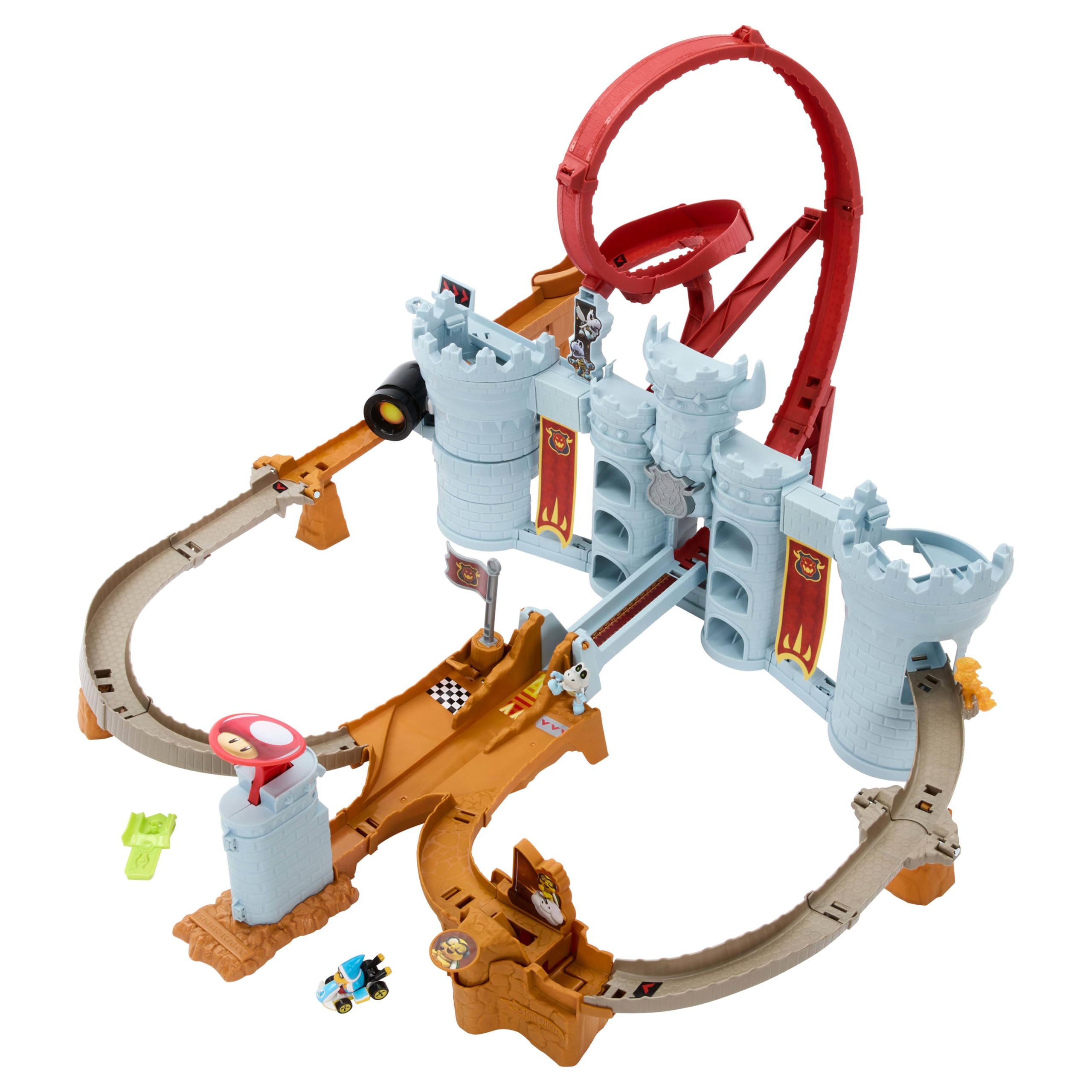 Hot Wheels Mario Kart Château de Bowser Coffret Piste avec Kamek en métal moulé à l’échelle 1/64, Jeu interactif, Rangement pour Plus de 30 véhicules, JHD24