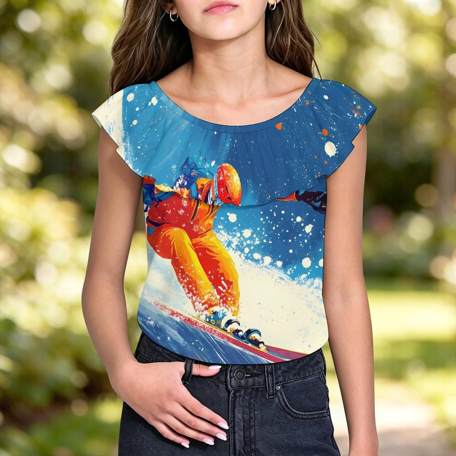 Skier Ski Skiing On Snowy Mountain Girls T-Shirts Top Ruffle Short Sleeve Blouse Casual Graphic Tees