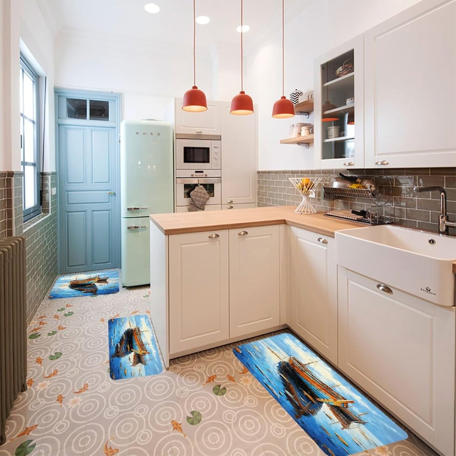 Boats and Sea Oil Paintings Kitchen Mats Soft Absorbent Rugs for Floor Non Slip Washable Kitchen Mats Fashion Rectangular Rugs for Three-Piece Set for Laundry Office Home Sink