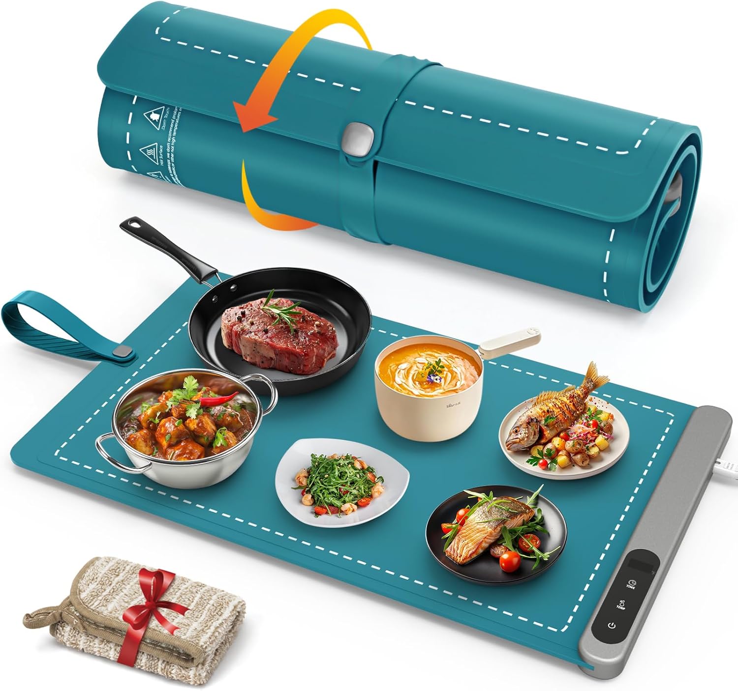 fyy warming mat for food - rapid and full surface heating, 6 temp settings, 6h timer, rollable portable food warming mat, ideal for gatherings, parties, keep meal warm (x large size, dark green) x large size: 24"x15" dark green