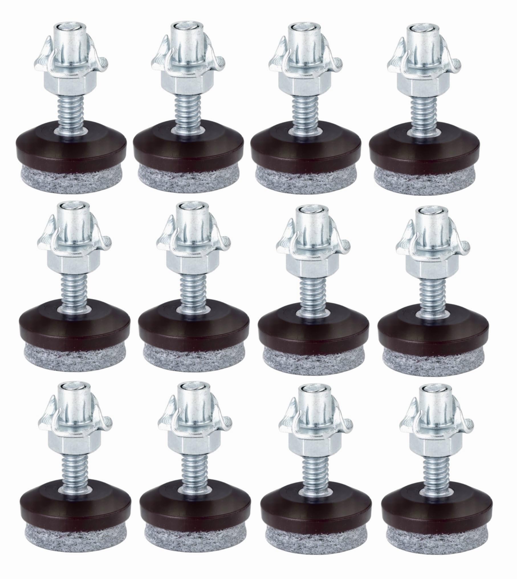 Furniture Levelers- Adjustable Felt-Bottomed Pads for Table, Chair, and Legs-Pack of 12 with Lock Nuts, Metal T-nut-1/4-20 Threaded Furniture Glides-