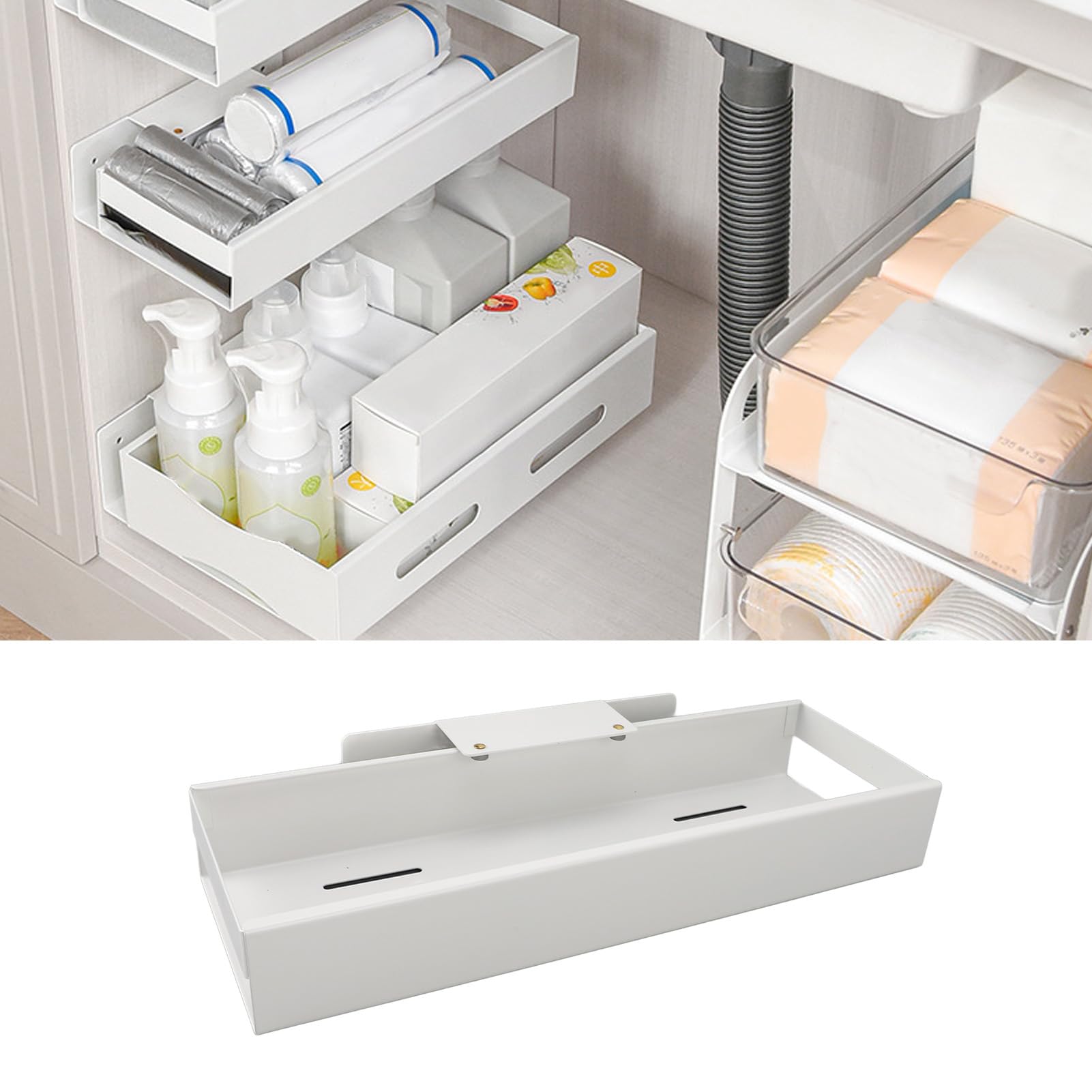 Jiawu Organiseur D'armoire Coulissant, Tiroirs Coulissants en Acier au Carbone, étagère de Rangement Coulissante pour Garde-manger, Cuisine, Salle de Bain, Garde-manger (WHITE)