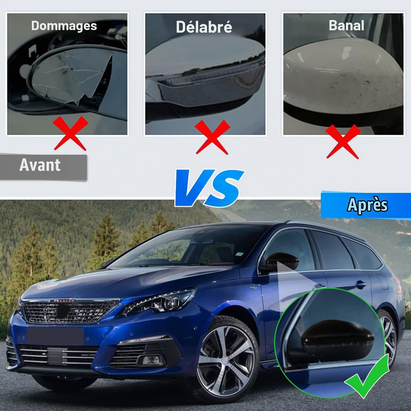 Capuchon de Rétroviseur Remplacement pour Peugeot 308 T9 MK2 2013-2022, Coque Retroviseur Exterieur De Voiture Couvercle Capuchon de Retroviseurs (Noir)