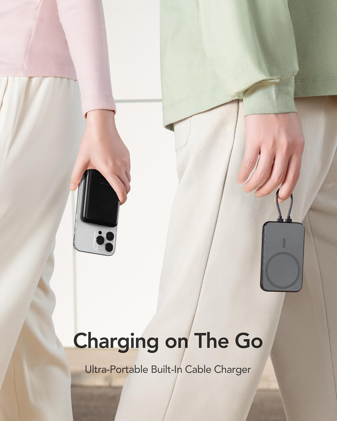 Charmast Power Bank 10000mAh con Cavi Integrati Leggero Powerbank PD 20W Ricarica Rapida USB C Caricatore Portatile Antiscivolo con LED Display per iPhone Huawei Watch