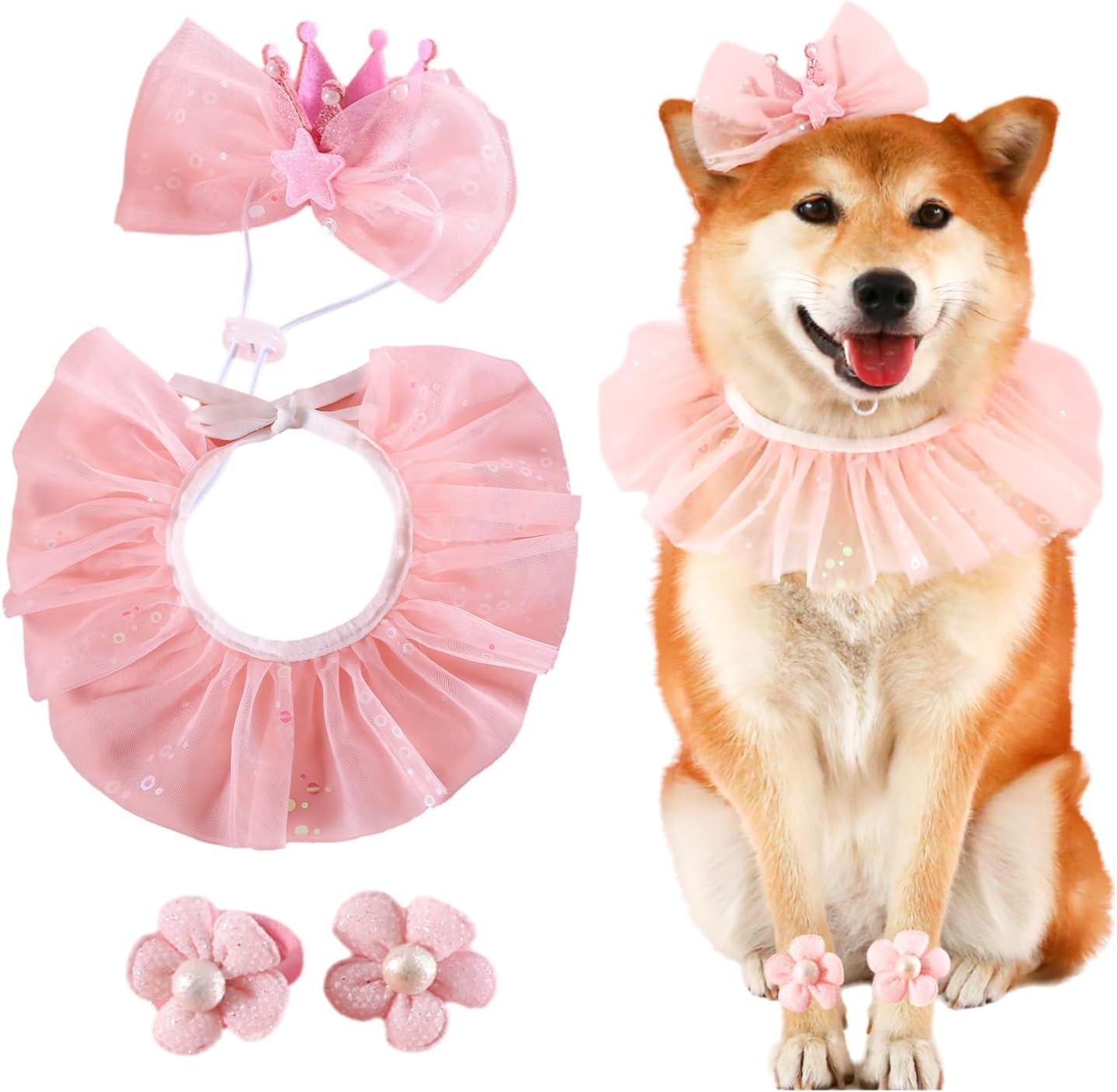 Princess Dog Crown Hat Scarf Set, Dog Birthday Hat Dress Outfit with Flower Leglet, Wedding Party Supplies for Girl Cats and Small Mini Dogs, Girl Wedding Dress (Pink)