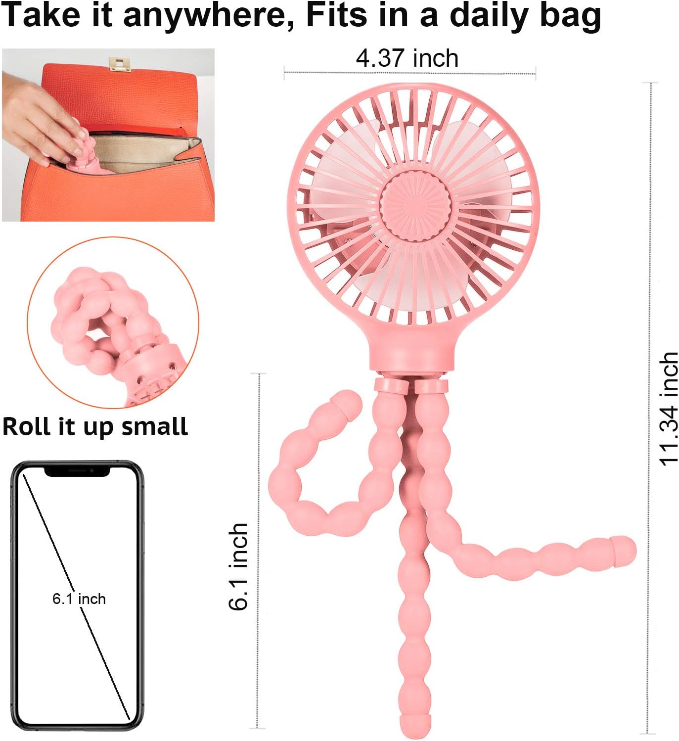 scurry Upgraded Stroller Fan Mini Battery Operated Fan Small USB Rechargable Desk Fan Baby Portable Fan Flexible Tripod Clip On Fan with 3 Speeds Baby Stroller Fans for CarSeat Crib Treadmill (Pink) : Baby