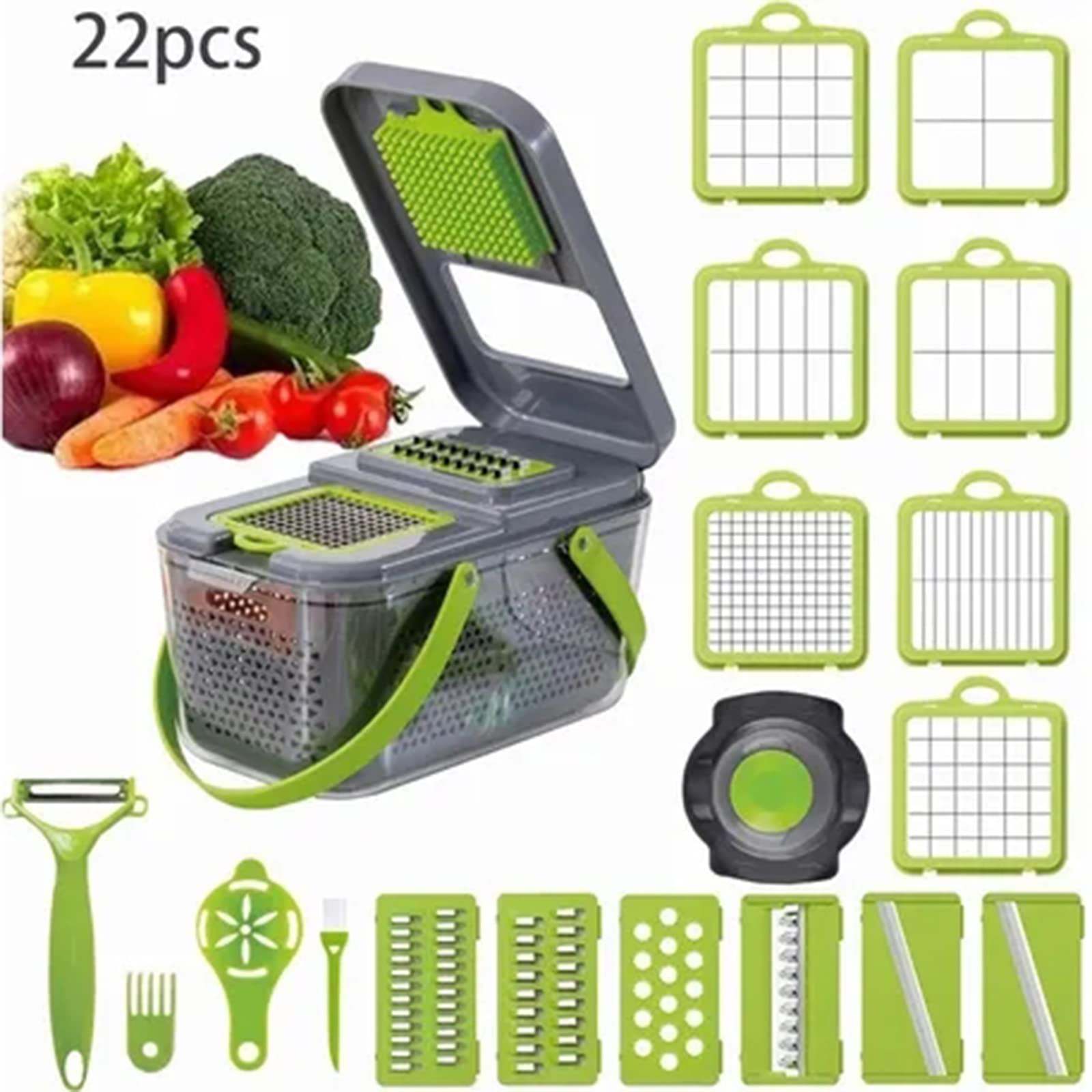 Vegetable Chopper 22 in 1 Multifunctional Onion Vegetable Mandoline Slicer Cutter Food Chopper Kitchen Manual Julienne Grater for Carrot Potato Fruit Salad with Colander Basket Container