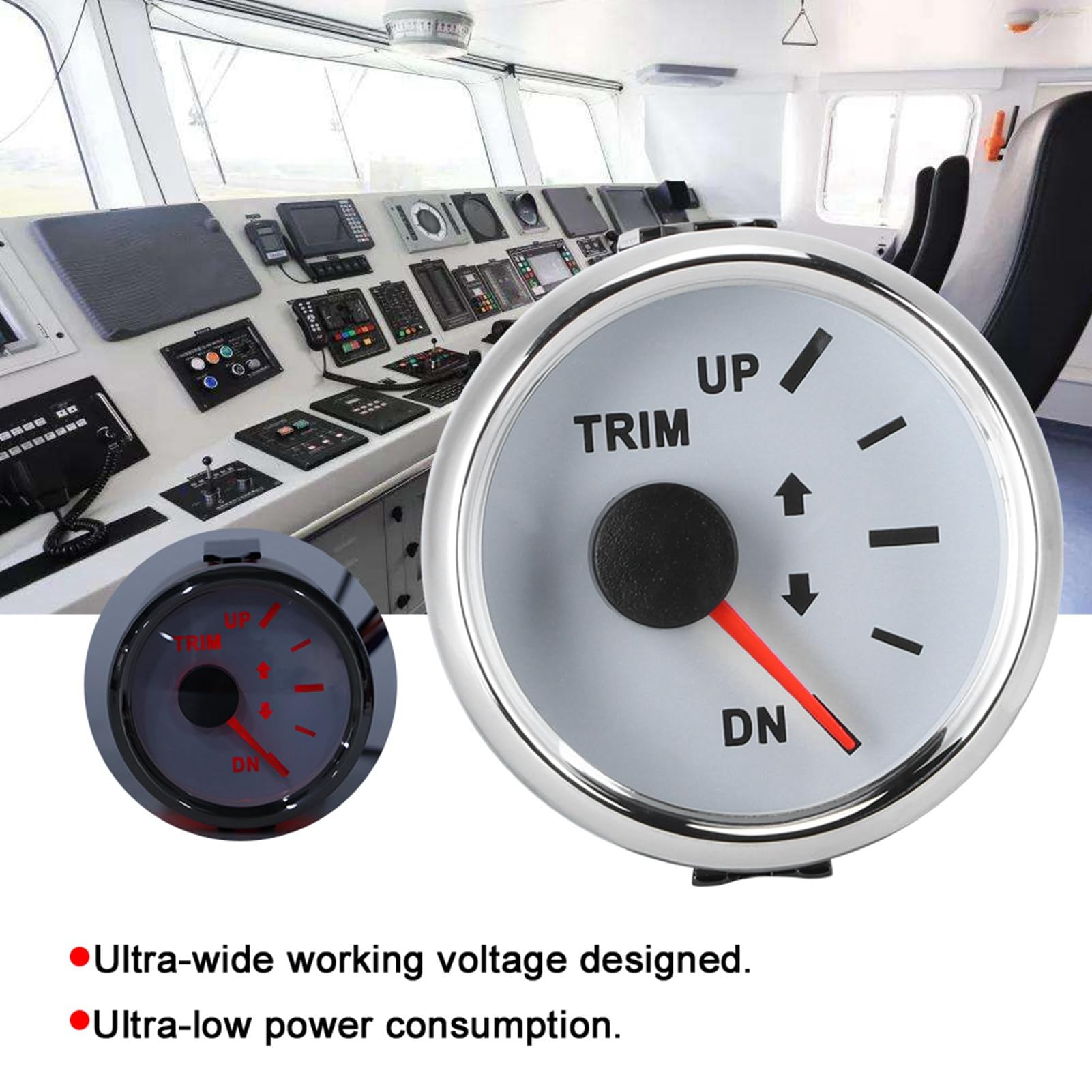 Aramox Jauge de garniture de bateau 52mm/2in UP-DN 0-190ohm Indicateur d'inclinaison de garniture de signal Rétroéclairage rouge Cadran blanc cadre argenté