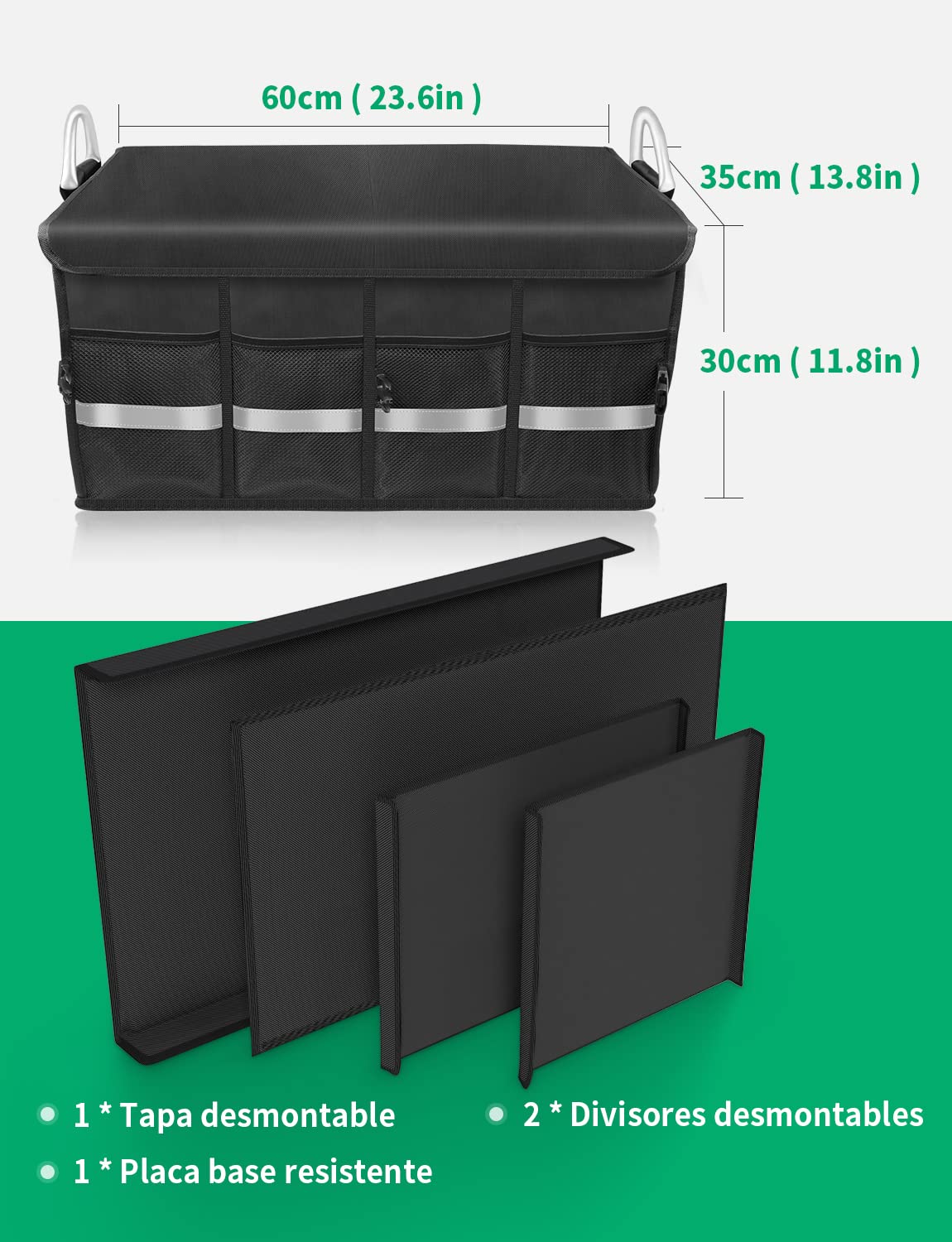 Oasser Organizer Bagagliaio Auto,Organizzatore Baule SUV Camino, Pieghevole,Facile da Pulire ,Maniglie in Alluminio,Fondo Antiscivolo con Fissaggio Copertura,Impermeabile Nero