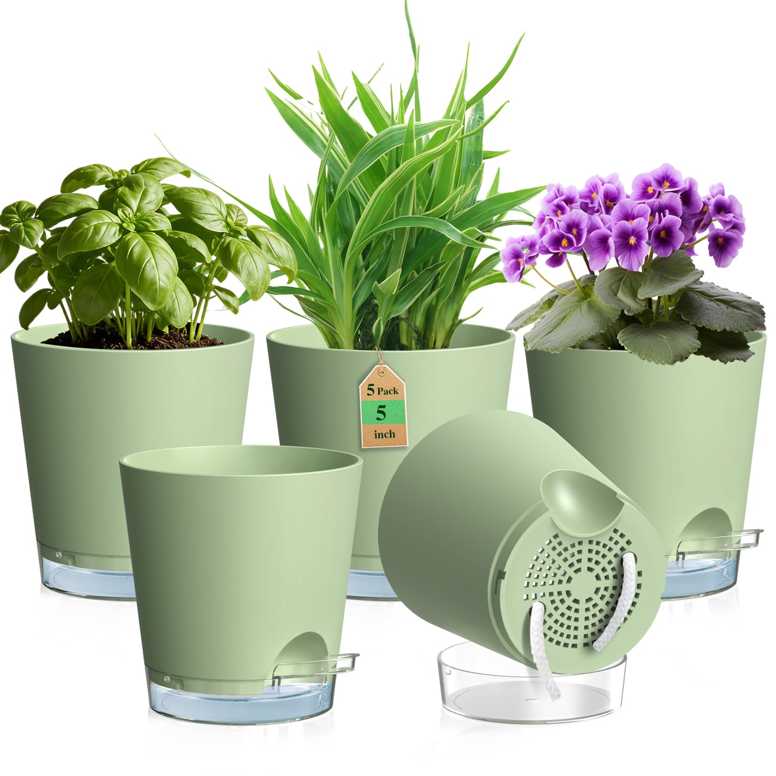 WSMKSZ 12.7 cm Self Watering Plant Pots Indoor, 5 Pack Thick Plastic Flower Pots with Clear Reservoir, Visible Water Level & Drainage Holes, Small Nursery Pots with Cotton Wick for House Plants, Green