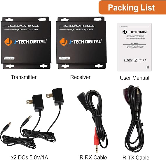 J-Tech Digital HDMI Extender Over Single Cat5e/6/7 Cable Full HD 1080p with TCP/IP, IR Up To 400ft [JTD-EX-120M] black