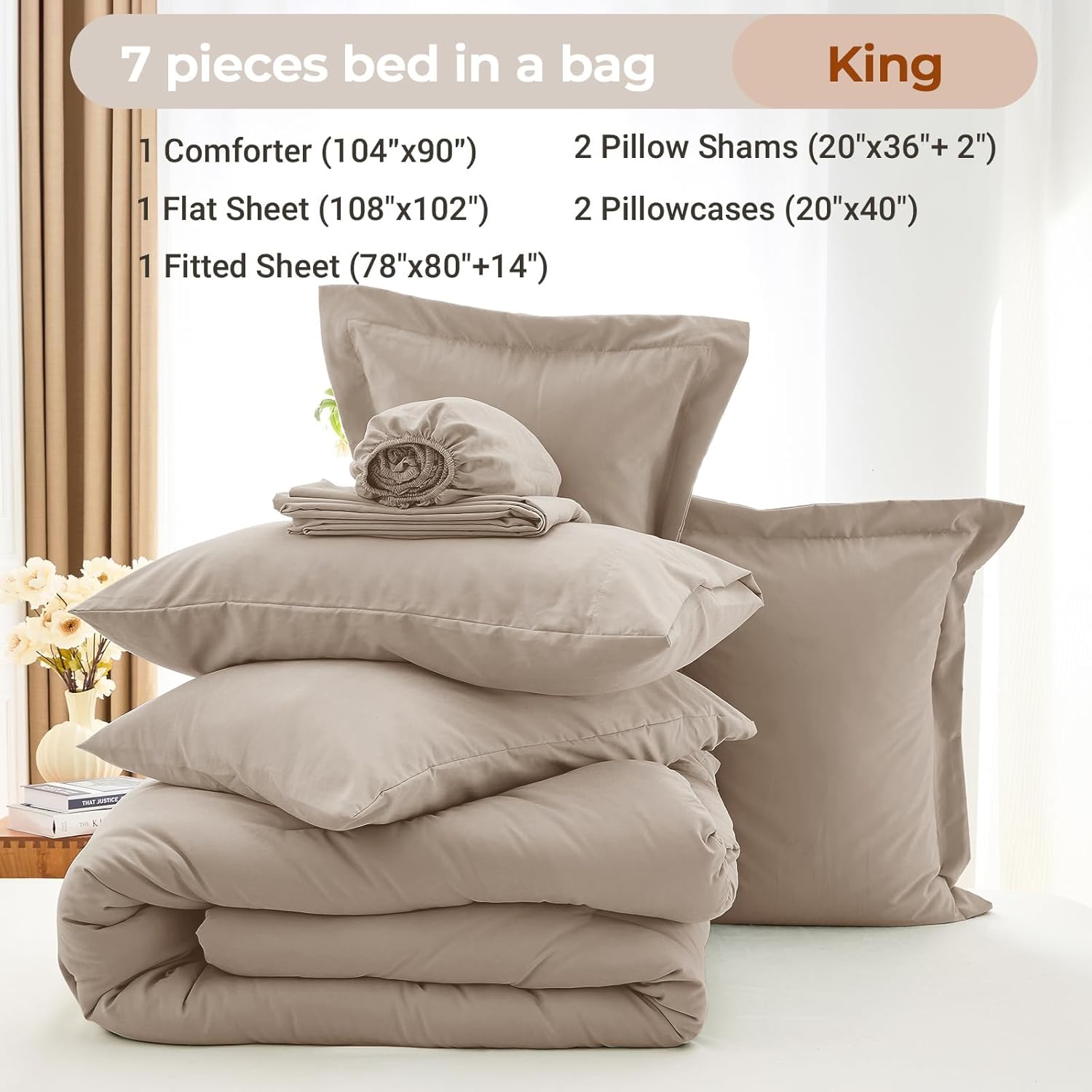 MUXHOMO 7 Pieces King Comforter Set, Soft Bed in a Bag King Size, All Season Bedding Set with Comforter, Flat Sheet, Fitted Sheet, Pillowcases & Shams, Linen - Image 4