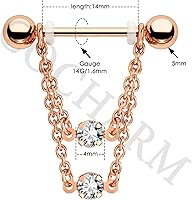 Vista 3 de Cocharm Anillos de pezón de doble cadena de 0.49 oz, plata y oro, joyería de piercing de acero inoxidable 316L para mujer