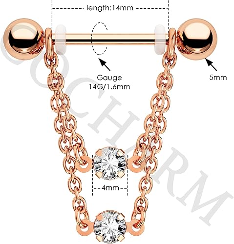 Miniatura 3 de Cocharm Anillos de pezón de doble cadena de 0.49 oz, plata y oro, joyería de piercing de acero inoxidable 316L para mujer