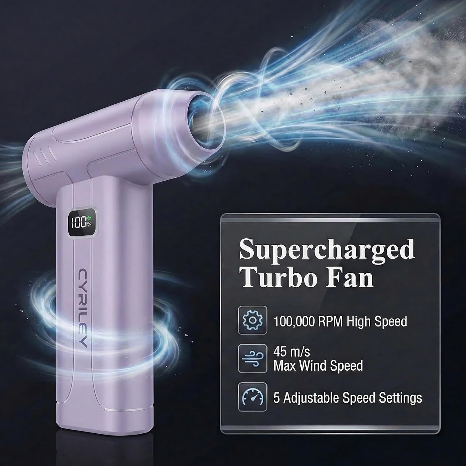 Compressed Air Duster, 100000RPM Cordless Electric Air Duster for Keyboard Cleaning, 6000mAh Rechargeable with LED Display, LED Light, Magnetic Nozzle, Turbo Mode for PC, Laptop, Car (Violet)