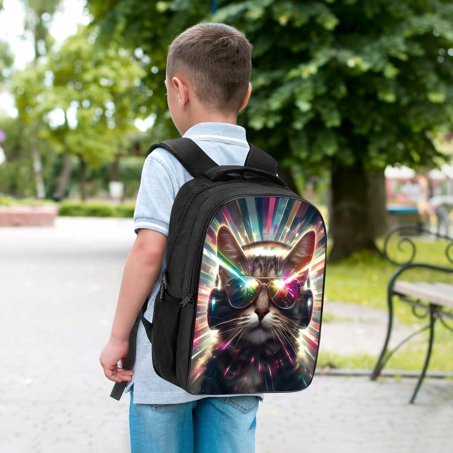 KOYI Cat Backpack Cute DJ Cat with Sunglasses Backpack Cat Love Music Backpack Laser Cat Colorful Sparkle Light Backpack, 16 Inch Kids Backpacks for Kindergarten, Elementary School Boys and Girls
