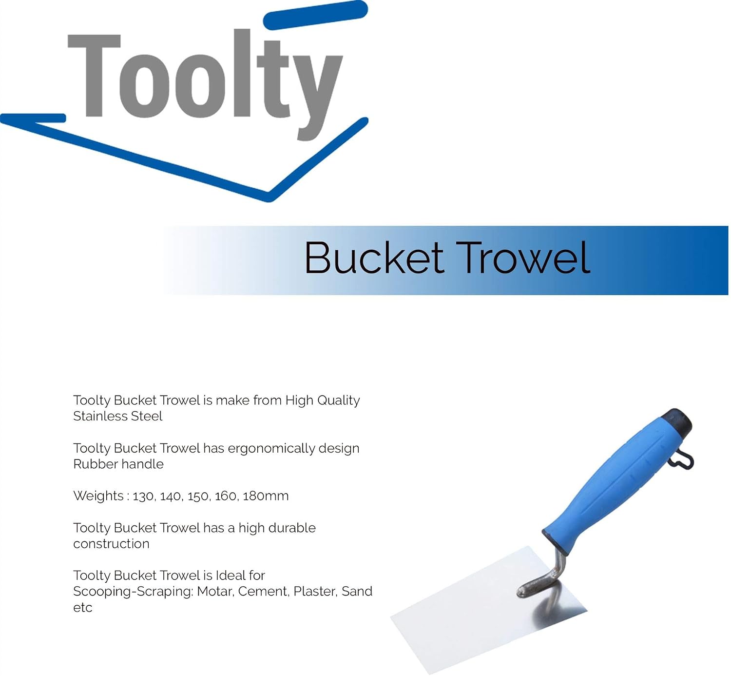 Toolty Stainless Steel Bucket Trowel, Set 130, 140, 150, 160, 180mm, Rubber Handle, for Scooping-Scraping: Motar, Cement - Image 3